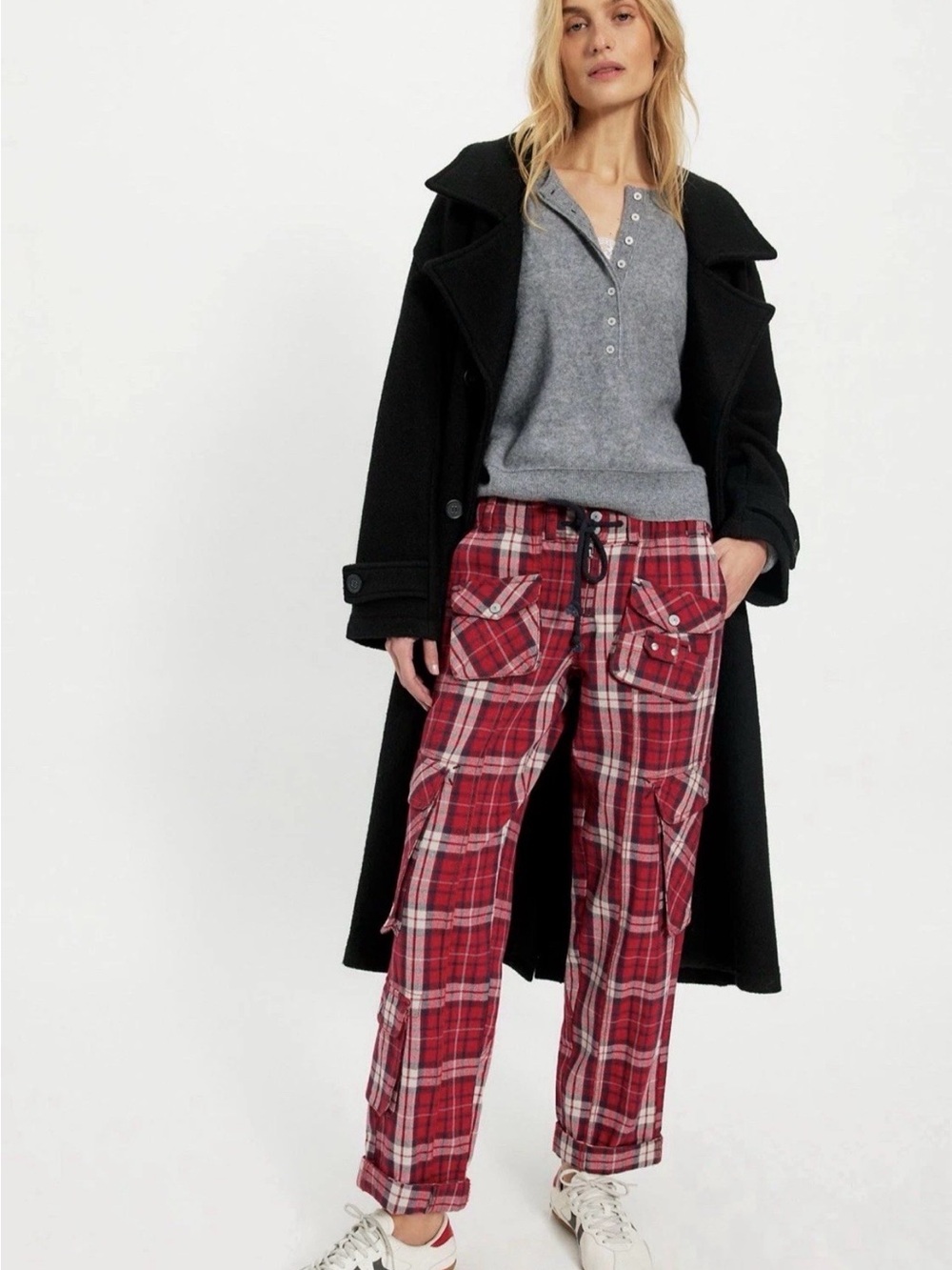 Free People Tahiti Mensware Pull On Cargo Pants Pockets Smock Waist Tie Red